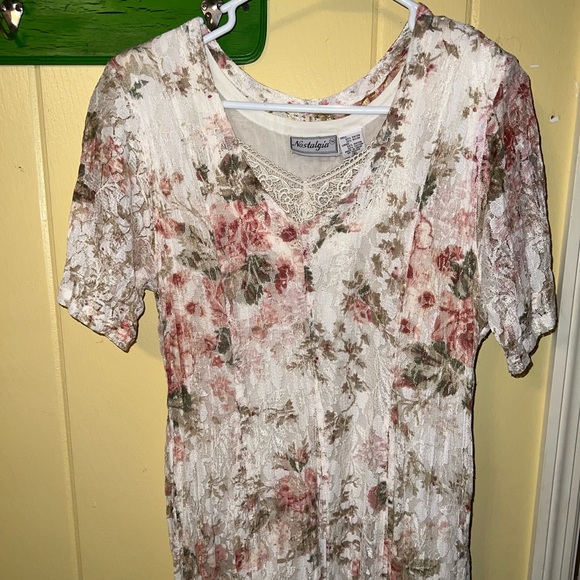 Vintage Nostalgia Pink & Terra Cota Floral Crinkle Lace Maxi Dress Size M - Picture 9 of 15